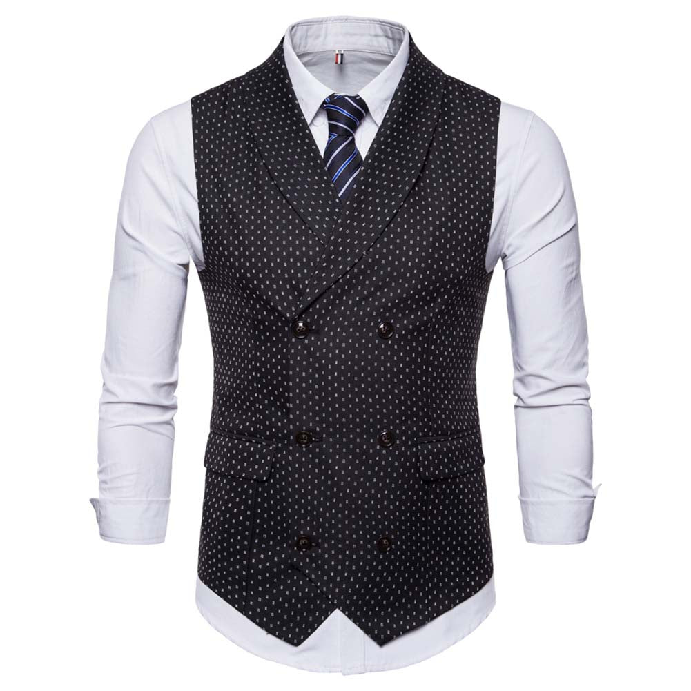 Slim Fit Polka Dot Vest Double Breasted Black