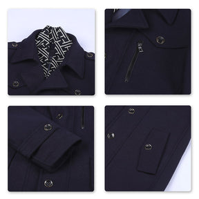 Slim Fit Casual Soild Navy Overcoat With Removable Scarf