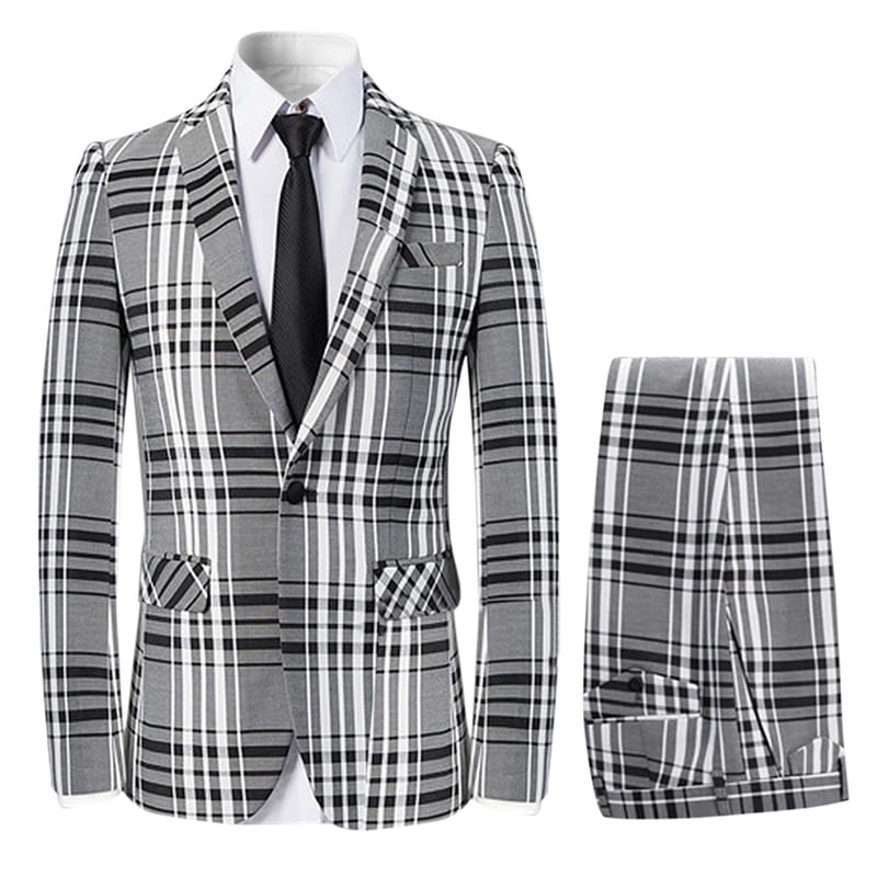 3-Piece Slim Fit Casual Suit Plaid Grey Suit