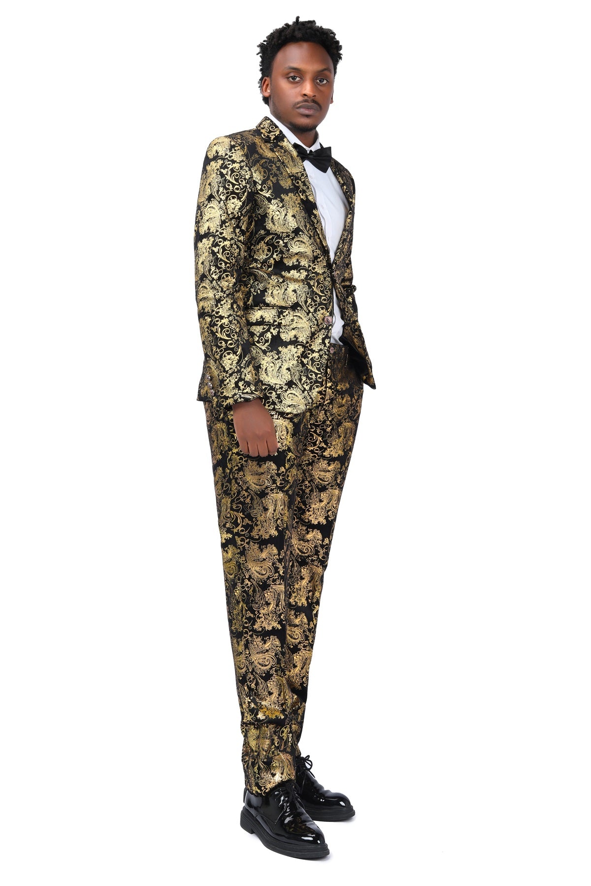 2-Piece Slim Fit Stylish Dress Floral Suit Gold