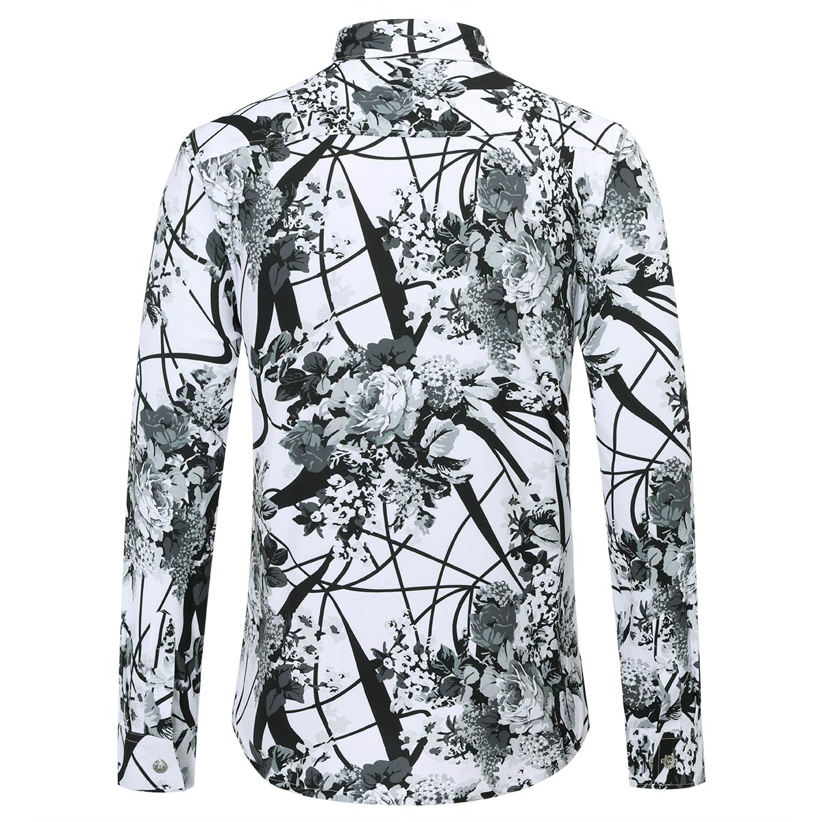 Slim Fit White Plum Flower Print Shirt Black