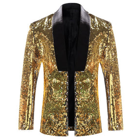 Gold Buttonless Reversible Sequins Satin Collar Blazer