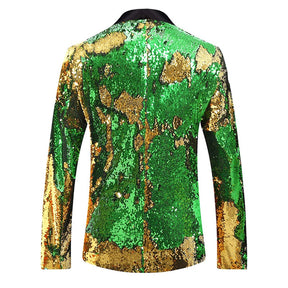 Yellow & Green Buttonless Reversible Sequins Satin Collar Blazer