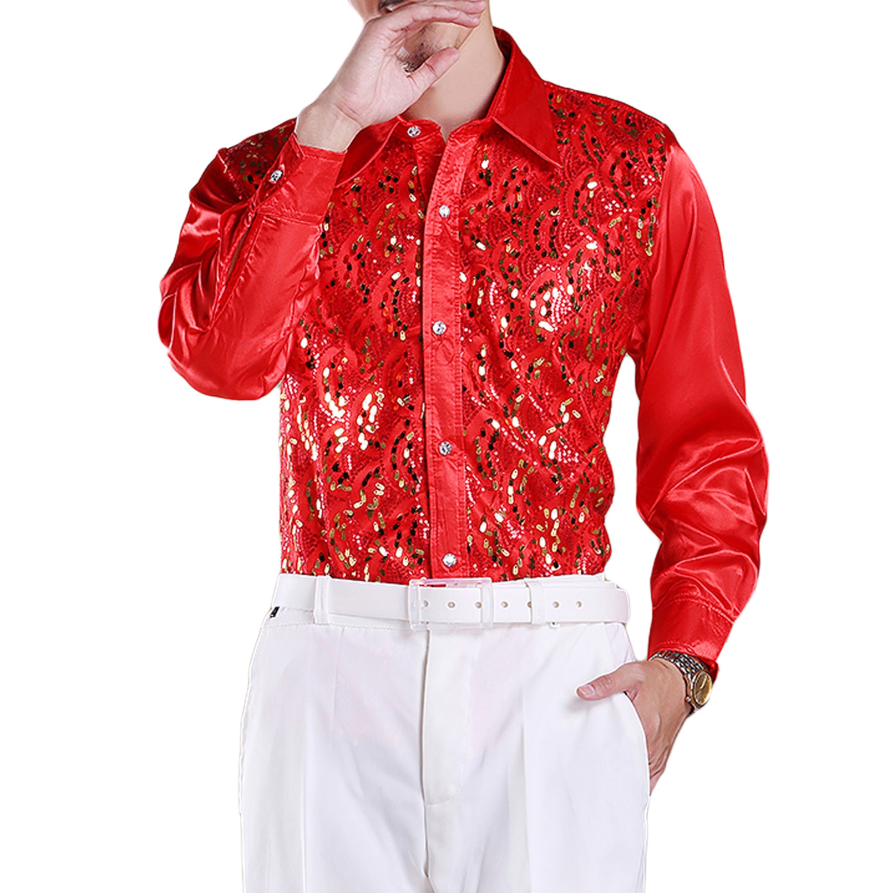 Slim Fit Sequin Party Shirt Red