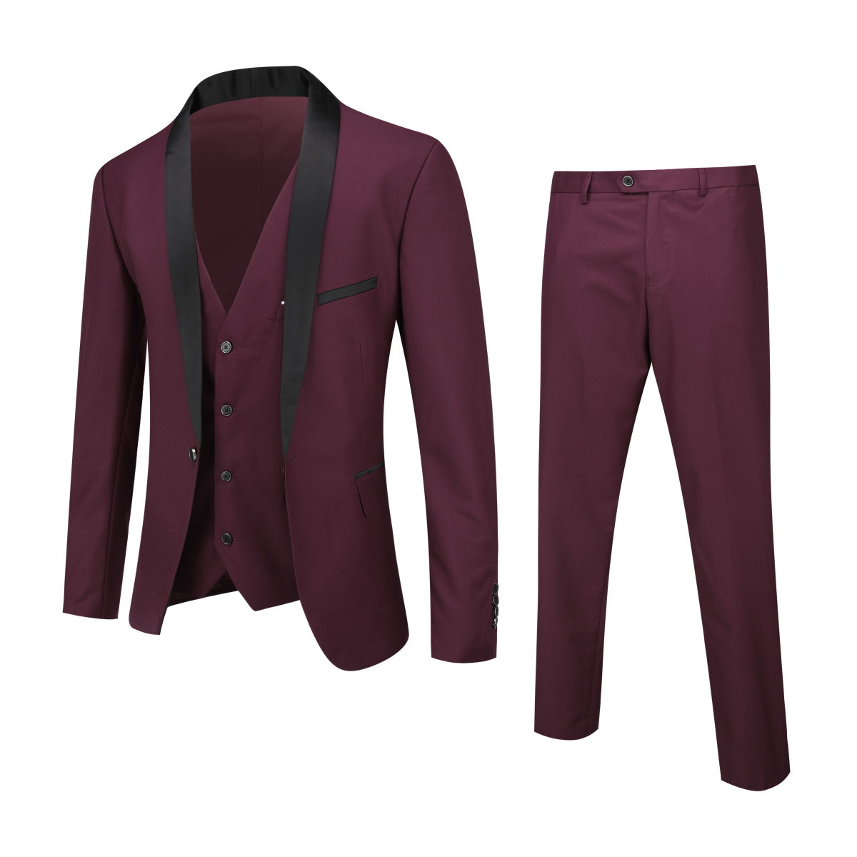 Slim Fit One Button Casual Wine Red 3-Piece Suit