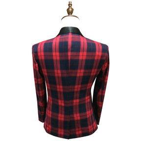 Red Plaid Blazer Slim Fit Tuxedo Blazer