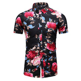 Slim Fit Red Flower Floral Style Shirt Black