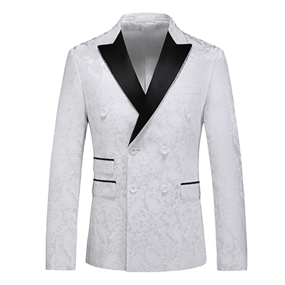 Men's Color Block Print Double Breasted Suit White