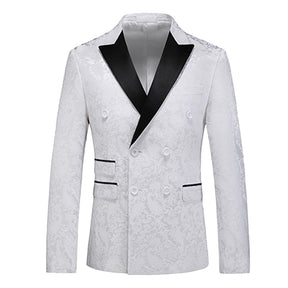 Men's Color Block Print Double Breasted Suit White
