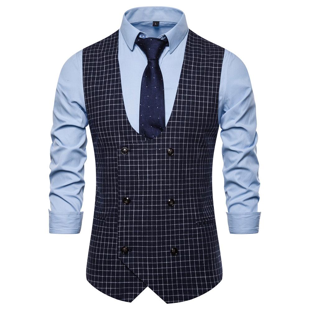 Slim Fit Double Breasted Plaid Navy Vest