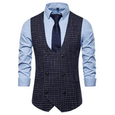 Slim Fit Double Breasted Plaid Navy Vest