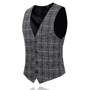 Men's Plaid One Button Wool Suit 3-piece Suit Dark Grey