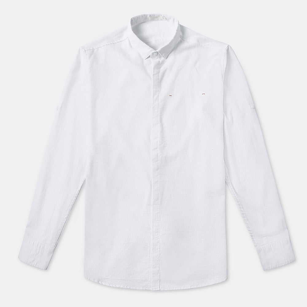 White Slim Fit Solid Linen Casual Shirt