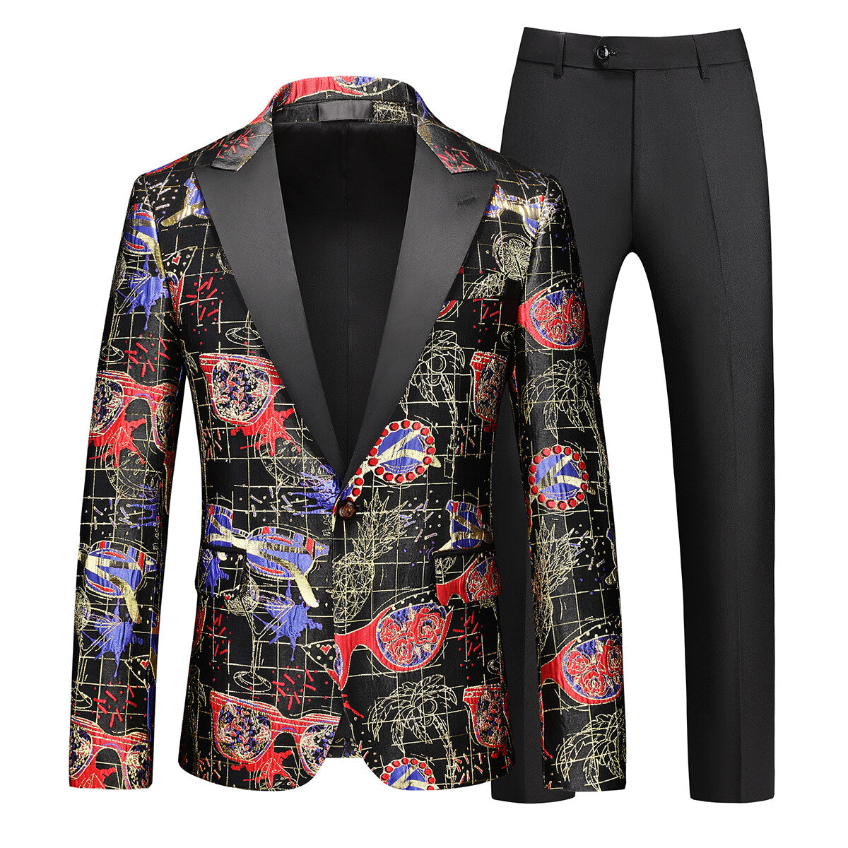 Men's 2-piece Single-breasted Printed Business Suit Red