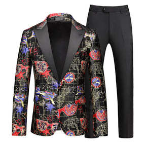 Men's 2-piece Single-breasted Printed Business Suit Red