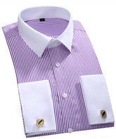 Men's Dress Shirt Slim Fit Button Down Stripe Checked Shirt Purple