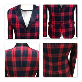 Red Plaid Blazer Slim Fit Tuxedo Blazer