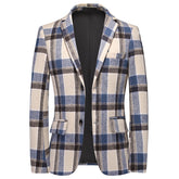 Men's Autumn Jacket Plaid Two Buttons Casual Blazer Blue