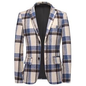 Men's Autumn Jacket Plaid Two Buttons Casual Blazer Blue