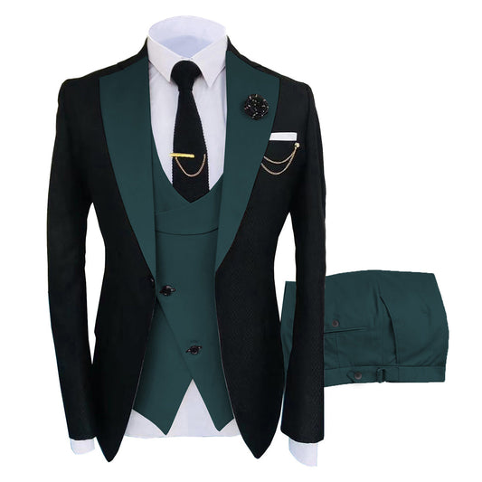 Men's 3-Piece Fashion One Button Color-Blocking Suit Dark Green - Cloudstyle
