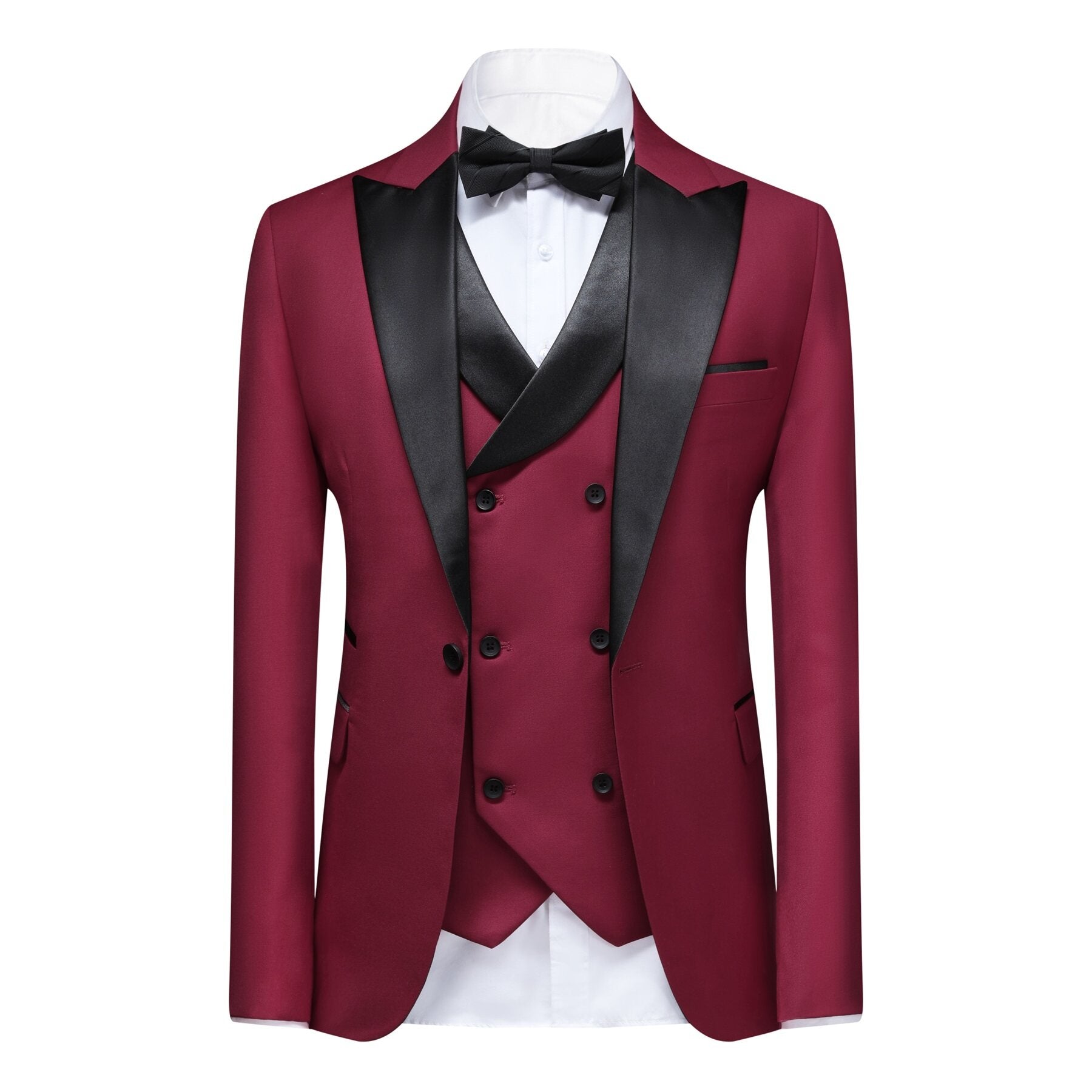 3-piece Men's Solid Color Notched Lapel Back Center Vent Suit Wine Red