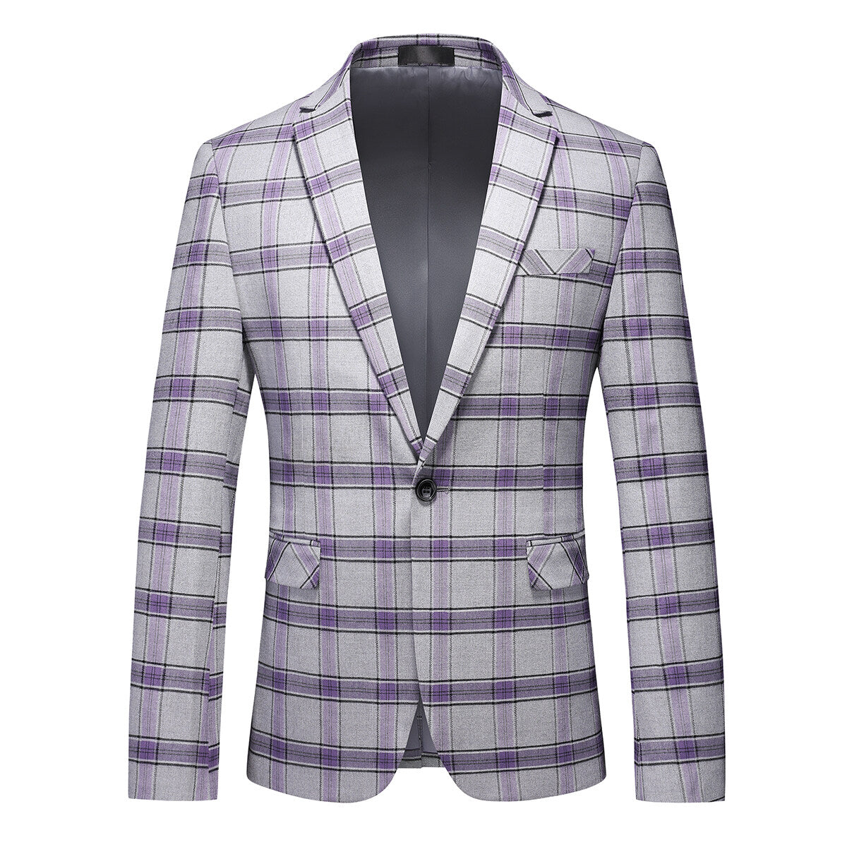 3-Piece Men's Plaid Lapel Collar One Button Suit Purple