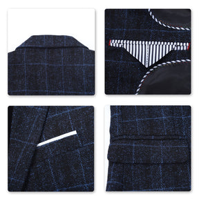 Men's Plaid One Button Wool Suit 3-piece Suit Dark Blue