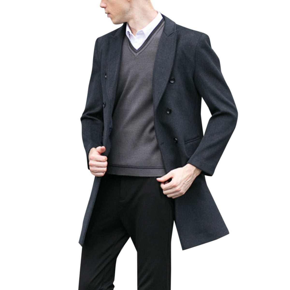 Men's Solid Color Double Breasted Lapel Coat Grey