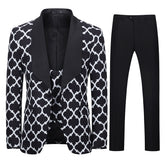 Mens 3 Pieces White Pattern Floral Suits Black