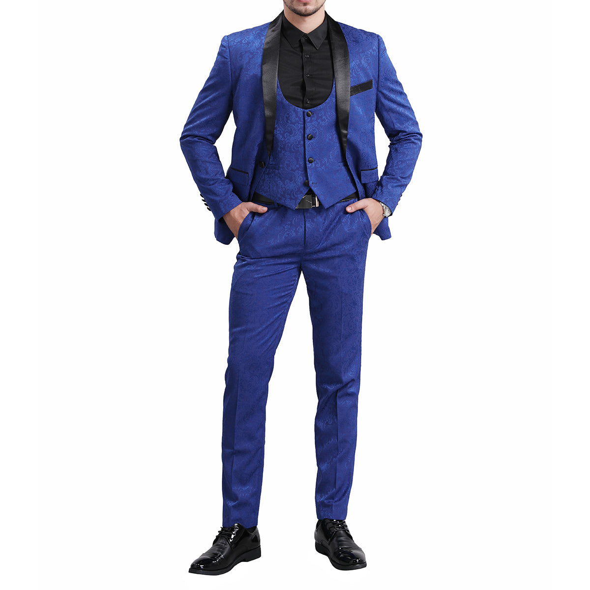 3-Piece Slim Fit Jacquard Suit Blue