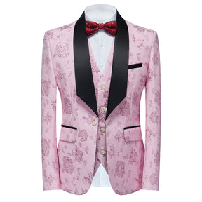 3-Piece Mens Floral Suit Slim Fit 1 Button Shawl Collar Suit Pink