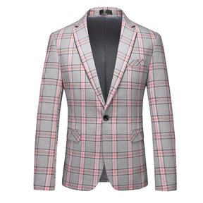 3-Piece Men's Plaid Lapel Collar One Button Suit Pink