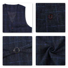 Men's Plaid One Button Wool Suit 3-piece Suit Dark Blue