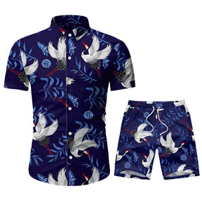 Mens 2-Piece Hawaii Print Style Summer Suit Dark Blue