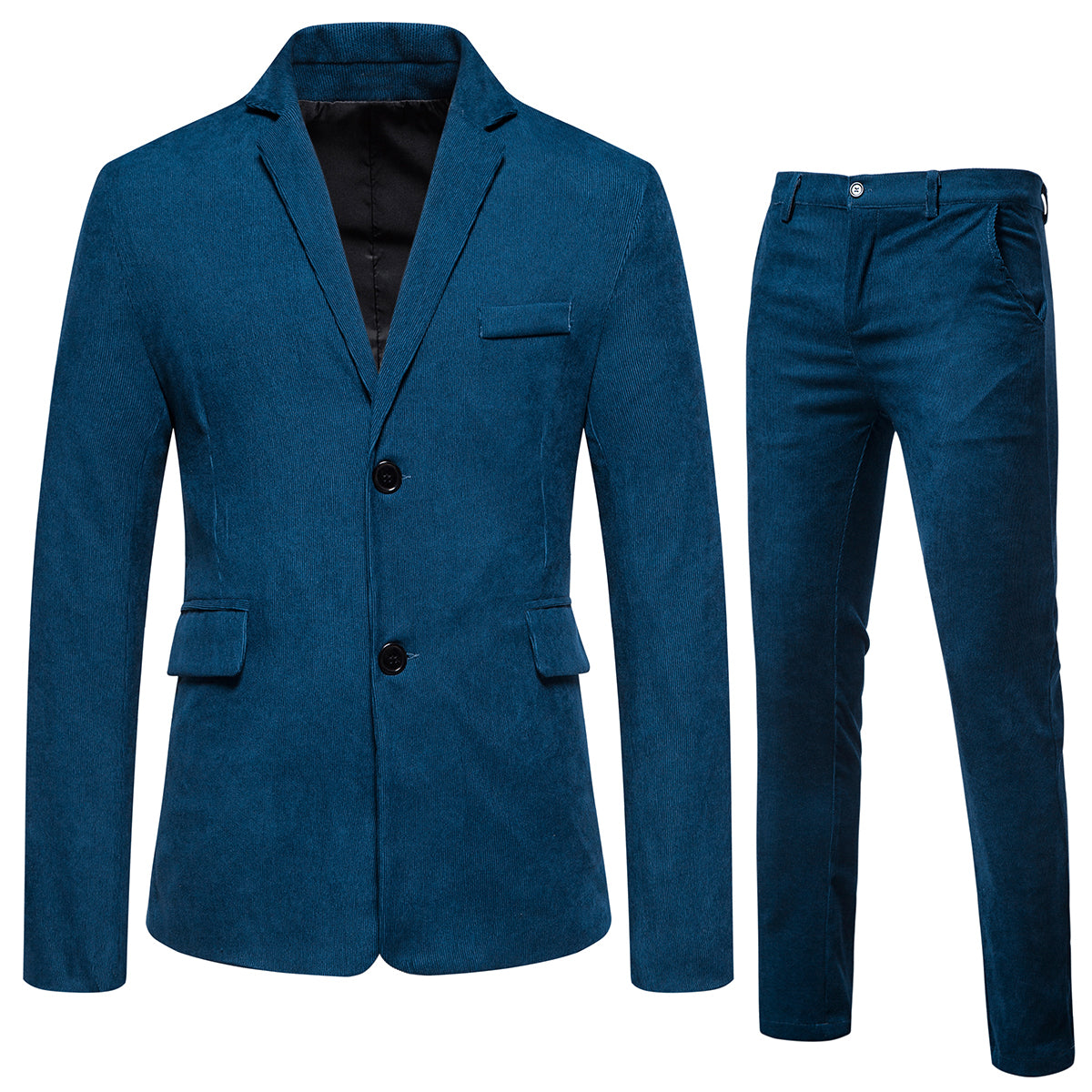 2-Piece Solid Color Two Button Single Breasted Corduroy Suit Blue