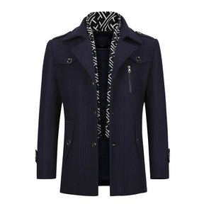 Slim Fit Casual Soild Navy Overcoat With Removable Scarf