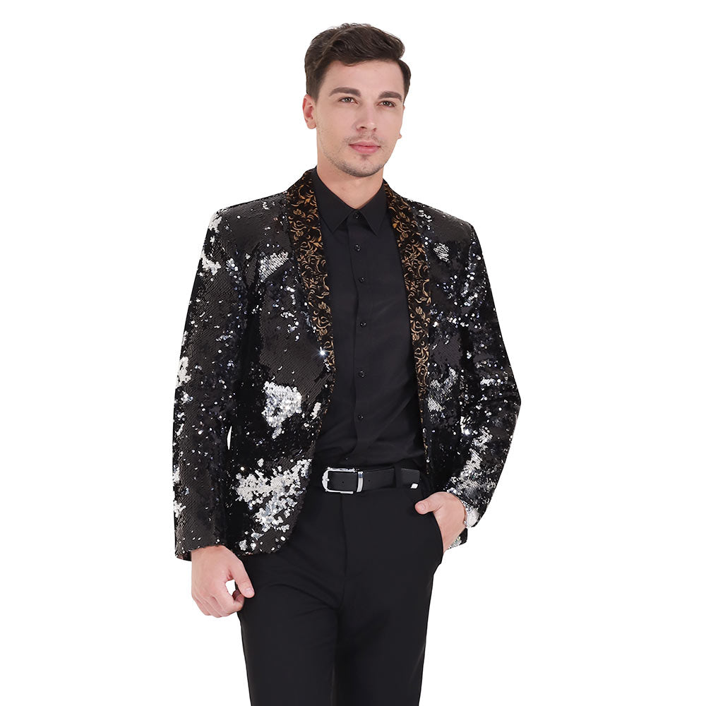 Silver Black Shawl Collar Sequins Dance Party Jacket