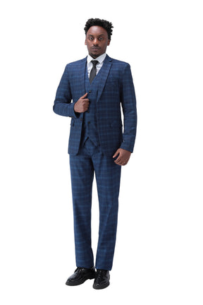 Three Piece Slim Fit Vintage Plaid Navy Suit