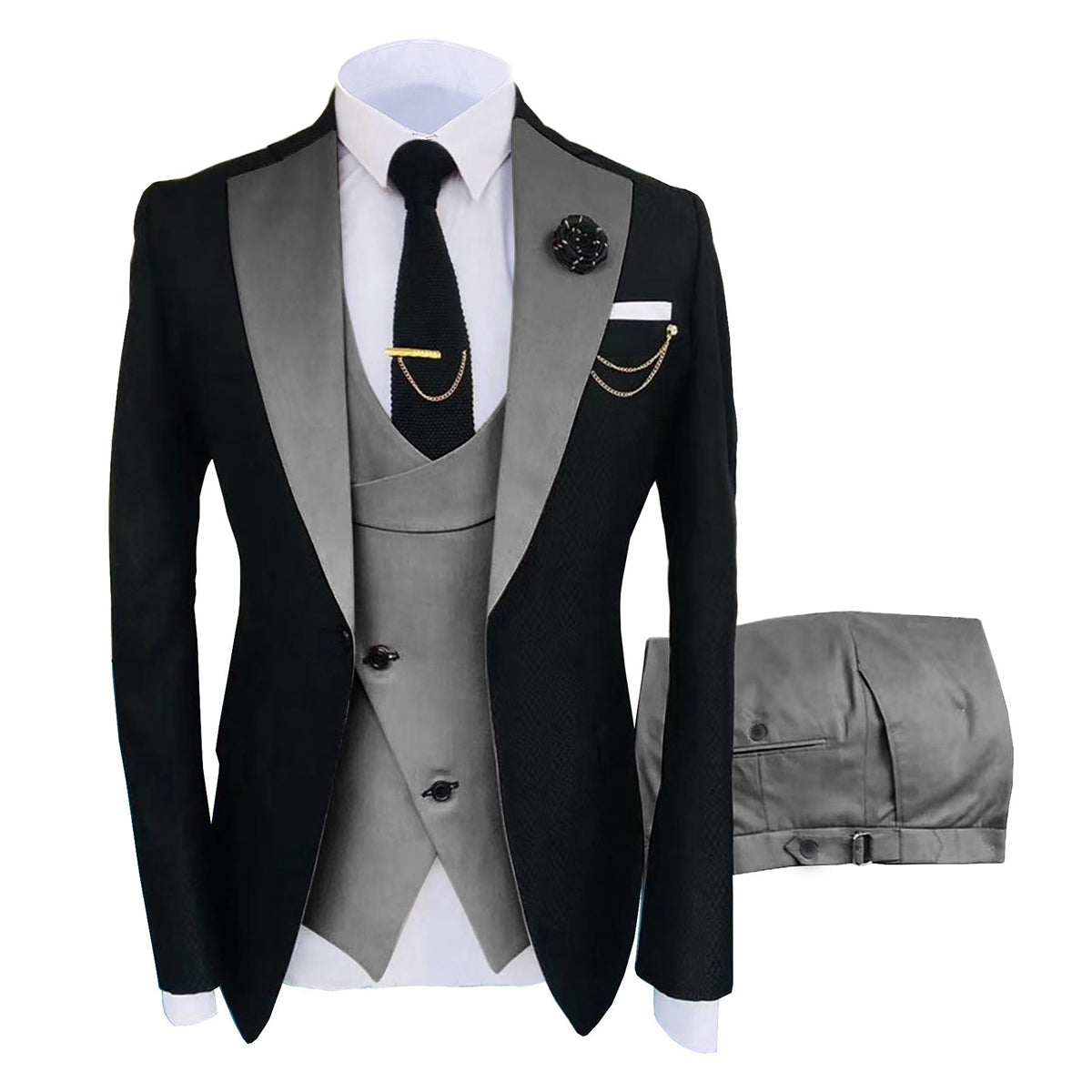 Men's 3-Piece Fashion One Button Color-Blocking Suit Grey - Cloudstyle