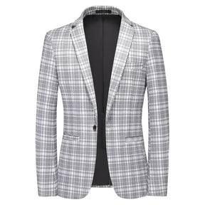 Men's Autumn One Button Casual Plaid Jacket Light Grey