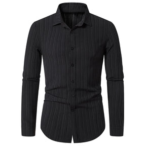 Men's Solid Color Lapel Wavy Long Sleeve Shirt Black
