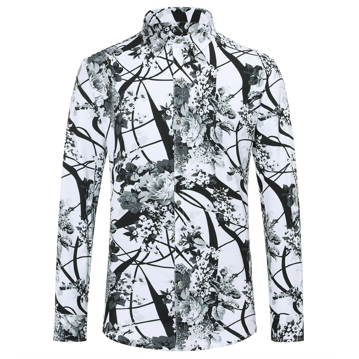 Slim Fit White Plum Flower Print Shirt Black