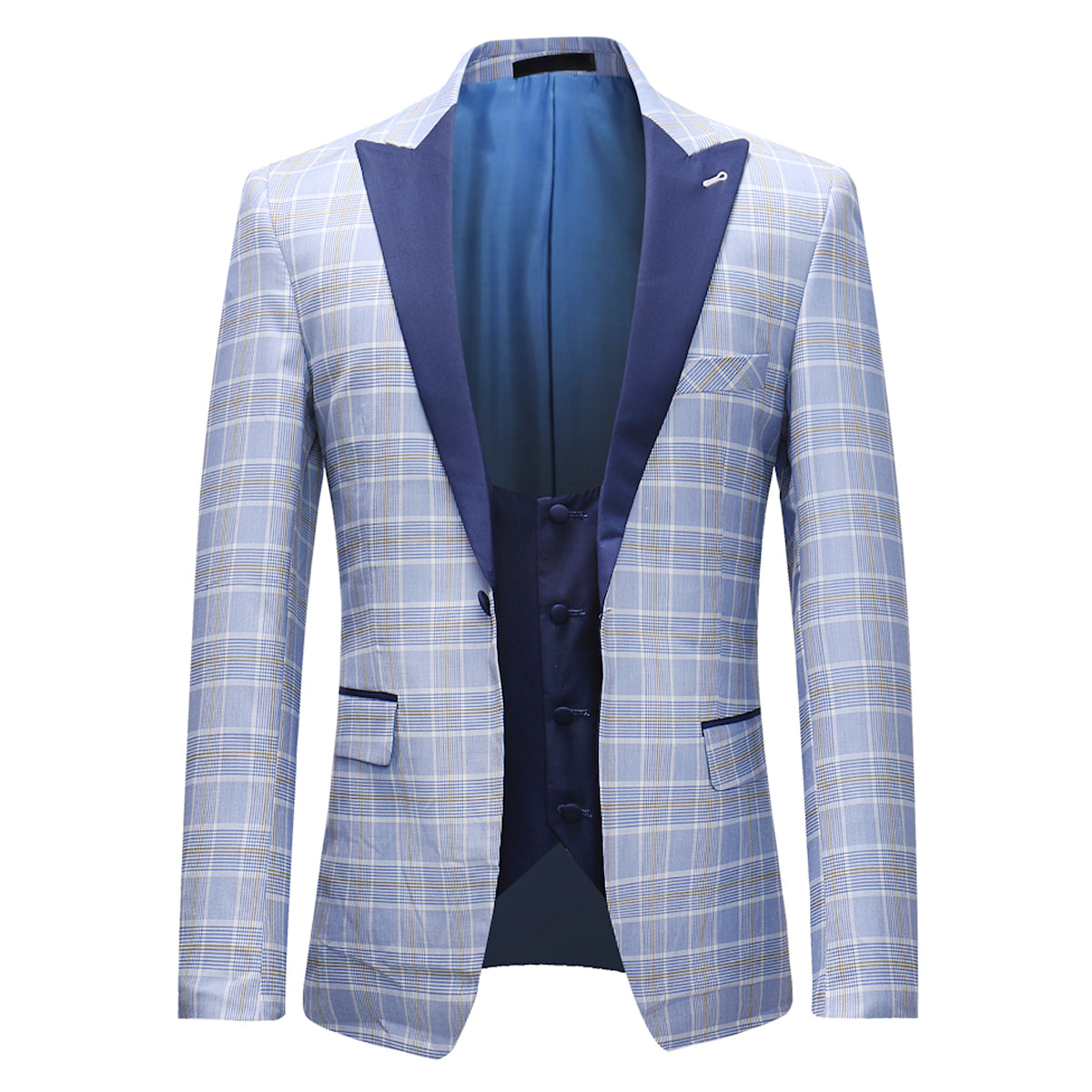 3-Piece Slim Fit Plaid Suit Light Blue
