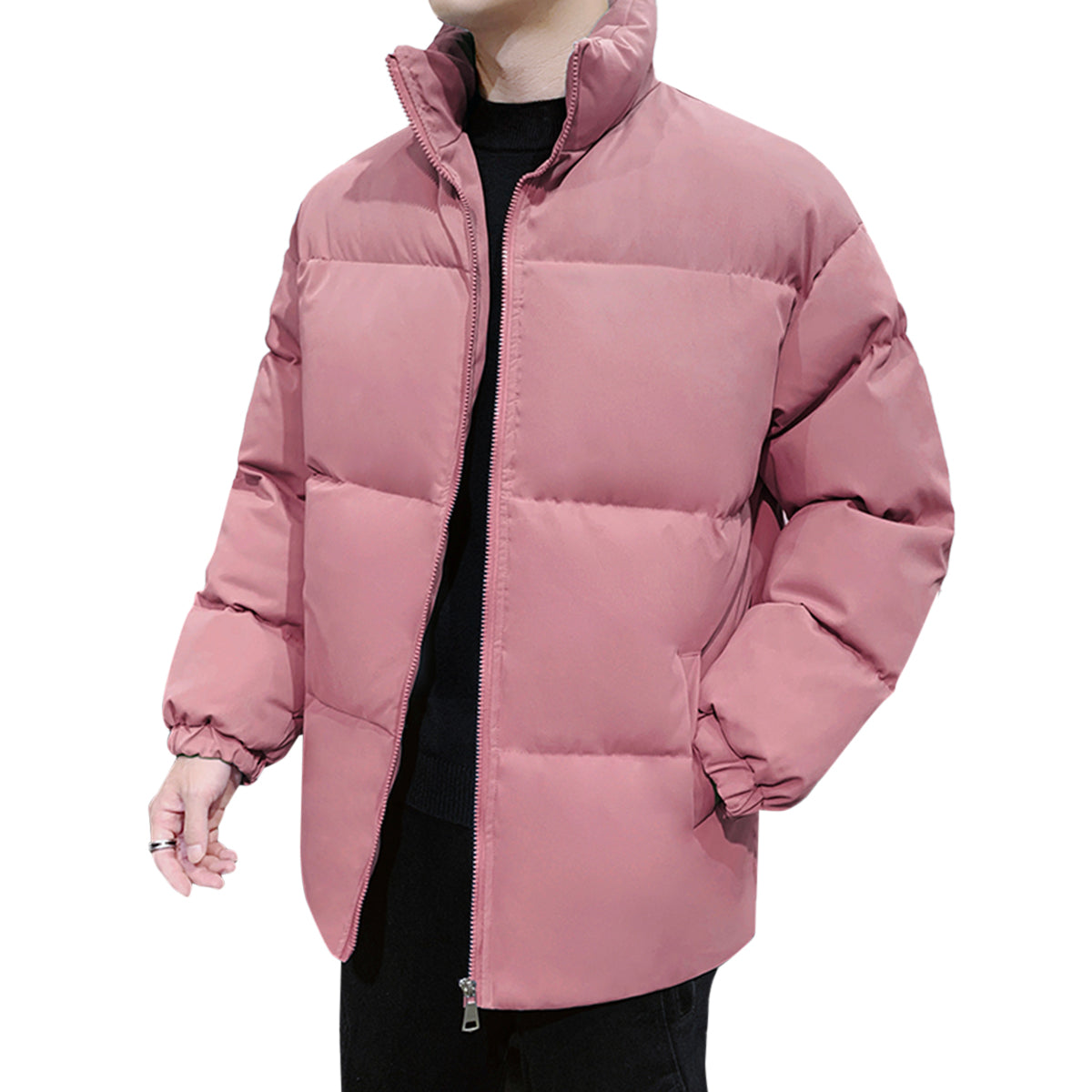 Men's Solid Color Stand Collar Cotton Coat Pink