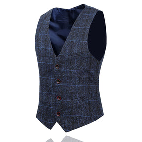 Men's Plaid One Button Wool Suit 3-piece Suit Dark Blue