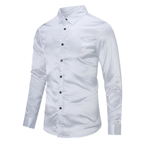 Men's Casual Fashion Shiny Long Sleeve Lapel Shirt White