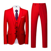 Men's Two-Button Back Slit Lapel Collar 3-Piece Suit Red