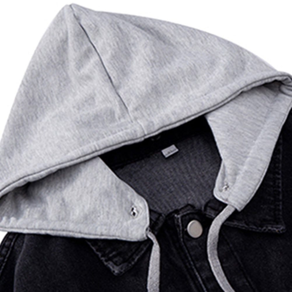 Men's Hooded Single Breasted Denim Jacket Dark Grey