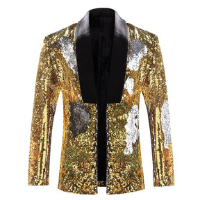 Gold Buttonless Reversible Sequins Satin Collar Blazer