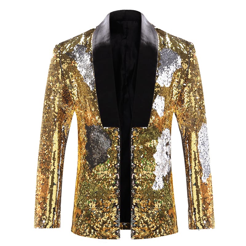 Gold Buttonless Reversible Sequins Satin Collar Blazer